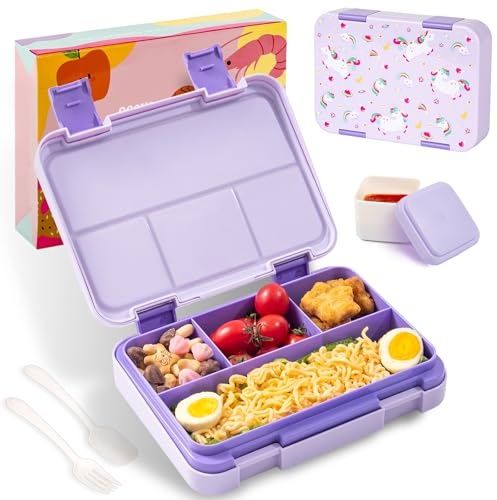 QCQHDU Bento Lunch Box for Kids with 4 Compartments，1300ml with a Set of Fork and Spoon Packed Lunch Box Adults and 1 Salad Dressing Containers，Boys Girls and Adults Work School