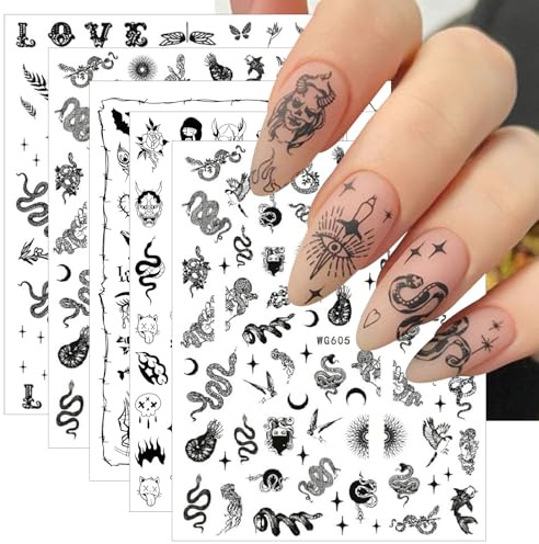 JMEOWIO 8 Sheets Halloween Black Goth Nail Art Stickers Decals Self-Adhesive Nail Supplies Design Decoration Accessories