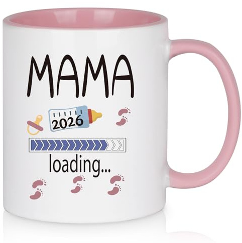Diztoud Tasse Mama 2026 Loading, Werdende Mama Geschenk, Geschenke für Schwangere Weihnachten, Geschenke für Werdende Mütter, Eltern,Frauen, Schwangerschaft Verkünden, 325ml Keramik Kaffeetasse, Rosa