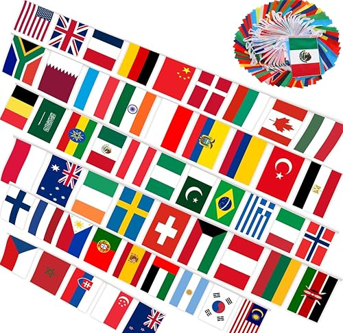 FFILL International Flag Banner String, 200 Country Flags,Polyester, 5.5x8.3 Inches Each, Weather Resistant, Pre-Strung Display for Classroom, Bar, Restaurant