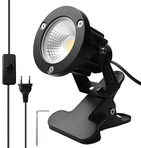 Faretto LED con spina, 10 W LED da giardino, luce bianca calda, 3000 K, con clip e cavo da 1,8 m, IP65, impermeabile, per piante da giardino, per esterni, cortile e giardino