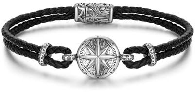 GAVU Bracciale da Uomo in Vera Pelle Nera con Charm Bussola, Bracciale Pelle Uomo con Rosa dei Venti 23cm