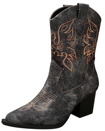Stivali Donna,Stivali Texani Bassi Donna Neri Casual Texani Scarpe di Media Altezza Cowboy Stivaletto con Tacco Texani Stivaletti Arricciati