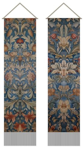 SUPERDANT 2 Stück Wandteppich Vintage Palaststil Wandbehang Weiße Blumen Langer Vertikaler Quasten Wandteppiche Mit Stangen Seilen Für Schlafzimmer Wohnzimmer Veranda Flur Bürodekoration 130x33cm