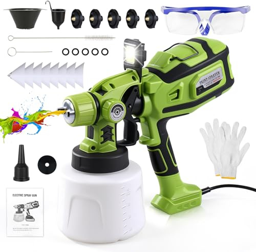 Pistolet Peinture 850W HVLP, Pulvérisateurs de Peinture Electrique, Réservoir de 1400 ML, 5 Buses, 45 m²-15 Min, Lumière LED Amovible Peinture à la Main pour Plafonds, Murs & Clôtures