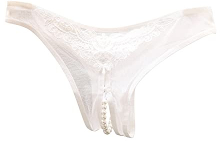 Women's Lace Panties Soft Underwear Thongs Pearl Sexy Comfor Bikini Panties Tummy Control Briefs Low Waist Crotchless See Through Arch Support Cutout Butt Lifting Hipsters White