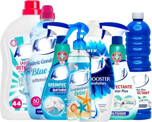 7 Piece Spanish Cleaning Products Bundle – Air Freshener 400ml, Floor Cleaner 1L, Fabric Conditioner 60W, Scent Booster 720ml, Multi Surface Disinfectant 750ml, Bathroom Cleaner, Laundry Detergent