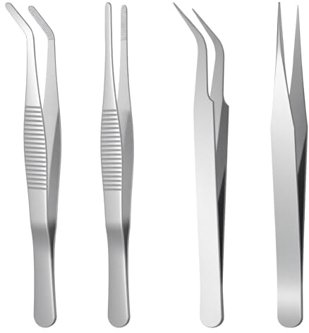 DOPENSPI Juego de 4 pinzas de precisión de acero inoxidable, 14 cm y 12 cm, antideslizantes, rectas y pinzas curvadas para reparaciones electrónicas, trabajos de precisión y trabajos de laboratorio