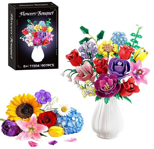 runpeak Juego de ramo de flores para adultos, juego de bloques de construcción botánicos con rosas y girasol, plantas artificiales para decoración del hogar y oficina, regalo de San Valentín