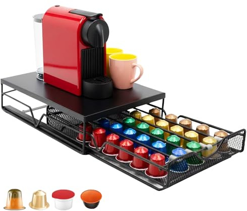 Cyiecweu Kaffee Kapselhalter, Verstellbar Metall Kapselspender Schublade, Schubladenbox zur Aufbewahrung von Kaffeekapseln für Büros, Küchen und Wohnzimmer, Belastbarkeit 4,5 kg, Schwarz