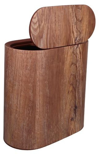 VANZACK Cubo de Basura Estrecho de 14l con Diseño de Madera y Tapa, Bote de Basura Doméstico Compacto de Pp para Baño y Cocina con Control de Olores