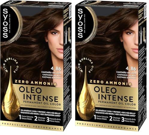 Syoss Oleo Intense Tono 4.86 Castaño Helado, Tinte para Pelo Mujer, Coloración Permanente sin Amoníaco, Cobertura Profesional de Canas con Resultados de Peluquería (Paquete de 2)