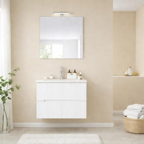 Kiamami Valentina Mobile Bagno Sospeso 60 cm Bianco Frontale Cannettato | 2 cassetti, lavabo in ceramica bianca incluso, legno nobilitato, base già assemblata, stile moderno