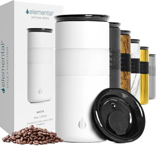 Elemental Artisan Triple Wall Insulated Tumbler – Stainless Steel Coffee Cup with Ceramic Lid – Thermal Travel Mug for Hot(6 Hrs) & Cold(18 Hrs) Drinks – Reusable Coffee Cups (Matte White, 473 ml)