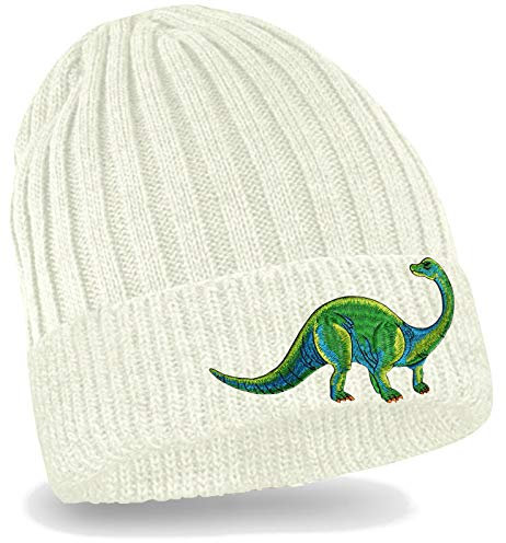 Blackshirt Company Kinder Mütze Dinosaurier Strickmütze Beanie Dino Kappe Farbe Weiss