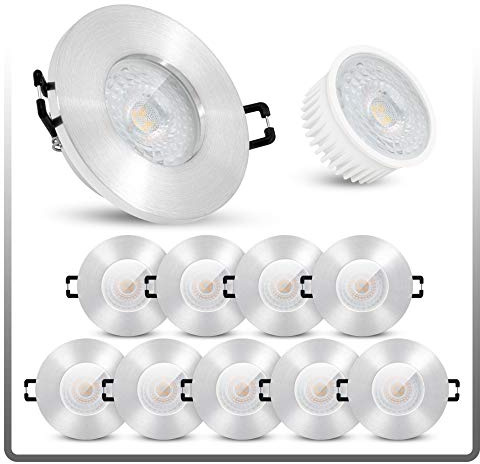 linovum ISASO Einbauspot 10er Set silber IP65 LED-Modul 4W warmweiß 30mm | Zehn flache Deckenspots IP65 Alu gebürstet - warmweiß, nur 30mm tief, für Bad & Dusche, inkl. LED-Modul