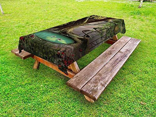 ABAKUHAUS Arbre Nappe Extérieure, Arbre enchanté Fort étang, Nappe de Table de Pique-Nique Lavable et Décorative, 145 cm x 265 cm, Vert Brown Jade Vert
