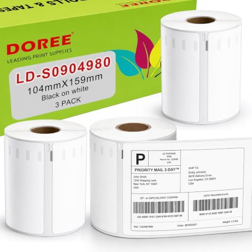 DOREE 3 Pack Versandetiketten (Extragroß) 104x159 mm für dymo S0904980 | Etiketten 104 mm x 159 mm weiße kompatibel mit Dymo S0904980 Dymo LabelWriter 4XL Etikettendrucker (220 Etiketten pro Rolle)