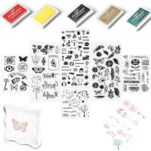 Mignor Klares Silikon Stempel Set – 5 Farben, 6 Blätter, verschiedene Muster, Stempelkissen, Blumen, Schmetterling, Wald, plus Acrylblock, für Kartenherstellung, DIY Scrapbooking, Bullet Journal