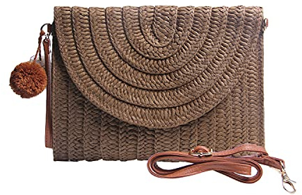 Syrads Borsa da sera in paglia da donna Borsa da spiaggia estiva Borsa a busta intrecciata,Marrone scuro