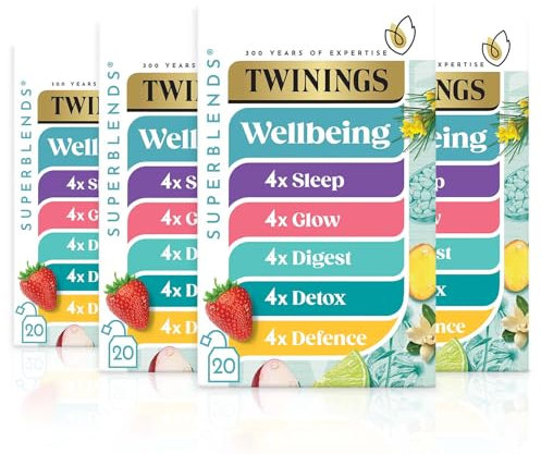 Twinings Superblends Wellbeing Collection - Selection of our bestselling blends: Defence, Glow, Digest, Detox & Sleep Tea Bags, 4 x boxes of 20 biodegradable tea bags, 80 bags in total