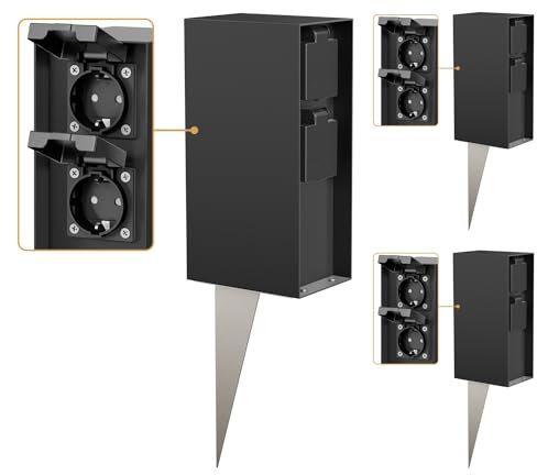 ledscom.de 3 Stück Garten-Steckdosen-Säule POMI mit Erdspieß für außen, IP44, 4-fach, schwarz, eckig, 23cm