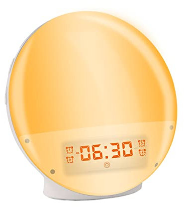 Yuehuamech Wake Up Lichtwecker Farbige Sonnenaufgang Sonnenuntergang Simulation Tisch Nachttischlampe mit 2 Weckzeiten 7 Klingeltönen und FM Radio für Erwachsene Kinder
