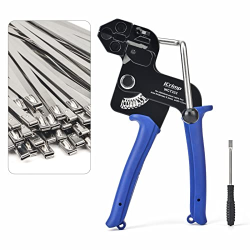 iCrimp WCT-322 Edelstahl Kabelbinderpistole Set 12mm mit Edelstahlbinder | Kabelbinder Spann- und Schneidwerkzeug für Edelstahl Kabelbinder bis 12mm, Einhandbedienung mit 100 Stück 304 Edelstahlbinder