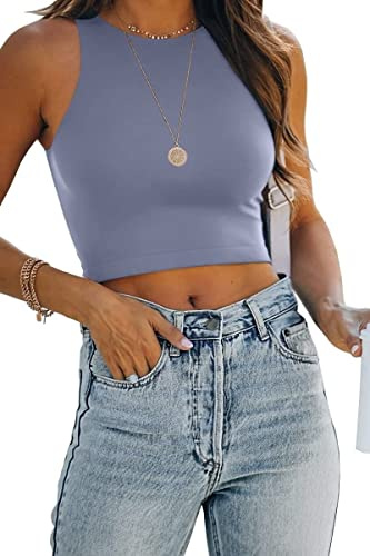 Rayson Daman Basic crop tanktoppar ärmlös rund hals racerback crop sporttopp, blå, XXL