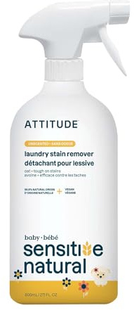 ATTITUDE Laundry Stain Remover for Baby Clothes, Plant- and Mineral-Based Ingredients, Vegan Laundry Products, Sensitive Skin, Unscented, 800 mL
