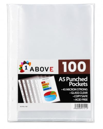 1Above Klarsichthüllen, 45 Mikron, A5, aus starkem Glas, gelocht, Ringbuch, Poly-Hüllen, ideal für die Aufbewahrung von Zertifikaten, Programmen, Briefmarken und Quittungen, 100 Stück (1) (Deckel kann