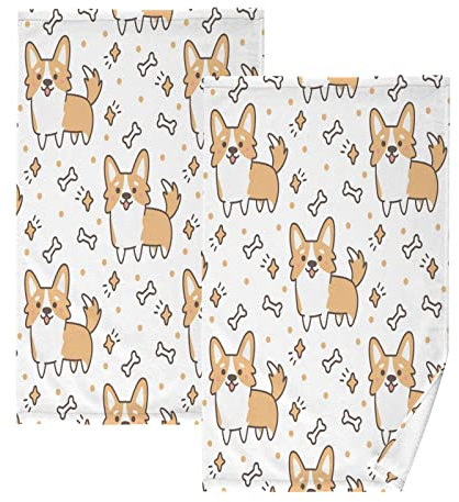 YOUJUNER 2 Stück Baumwolle Handtuch Set Niedlich Walisisch Corgi Hund Muster Handtuch Gesicht Handtücher Badetücher Waschlappen Fingerspitze Dekorative Handtücher