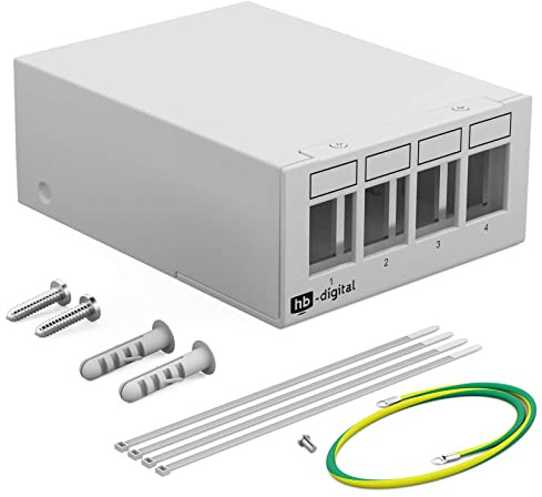 HB-DIGITAL 4-Port Patchpanel Gehäuse für Keystone Module mit z.B. RJ45 Buchse RJ11 Socket Antennenstecker F-Verbinder USB-C USB-A BF/AF HDMI Polklemme Gewindebuchse BNZ - Hellgrau