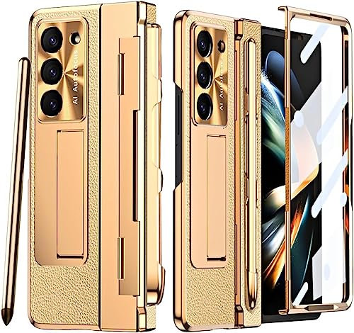Miimall Hülle Kompatibel mit Samsung Galaxy Z Fold 5 Hülle mit S Pen, Luxus Leder PU+PC Case mit Stift Halter + Displayschutzfolie + Ständer Scharnierschutz Hülle für Samsung Z Fold 5 5G -Gold