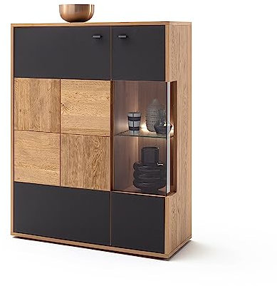 Lomadox Highboard Vitrinenschrank mit LED Beleuchtung in Eiche Bianco teilmassiv, B/H/T ca. 94/120/37 cm