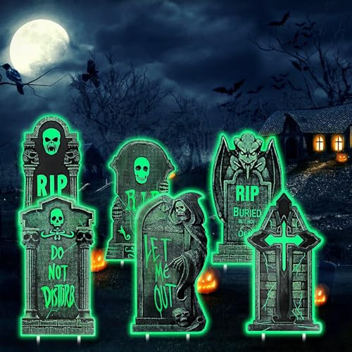 6 Stück Halloween Grabstein Leuchtend, Friedhof Deko, Skelett Grabsteine für Garten Outdoor Party Spukhaus Mit 12 Pfähle