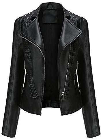 Damen Lederjacke mit Nieten, kurze Jacke, Reverskragen, Langarm, mit Reißverschluss, leichter Motorradmantel, modisch, Steampunkjacke, Gothic, warme Jacke, lässig