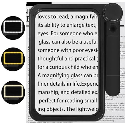 Verbesserte Vollseiten-Lupe mit Licht, 74 Ultrahellen und Dimmbaren LEDs in kalt/warm, 5-facher Leselupe Leicht und Großformatig für Lesen, Gleichmäßig Beleuchtete für Sehbehinderte und Senioren