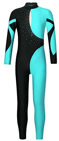 iEFiEL Mädchen Langarm Turnanzug Zweifarbig Ganzkörperanzug Sportlich Body Kinder Glitzer Gymnastikanzug Tanzkostüm Tanzanzug Wb Blau Grün 170-176