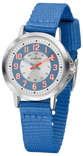 Atrium Kinder Armbanduhr Jungen Analog Quarz extra deutlich mit Nylonband Textilband Silberfarben Jeansblau A46-12