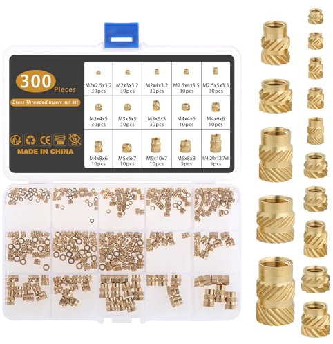 Gueenky 300 Pezzi Dadi Zigrinati in Ottone M2, M2,5, M3, M4, M5, M6, 1/4-20 Inserti per Stampa 3D, 15 Dimensioni Dadi Filettati per Stampaggio a Iniezione
