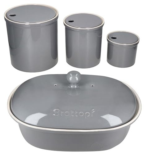 MamboCat 4er Set Oskar Vorratsdose S, M, L & Brottopf in Grau I Topf mit Deckel für Brot, Kartoffeln, Zwiebeln & Knoblauch aus weißem Ton für Ihre Küche I Aufbewahrungsbox