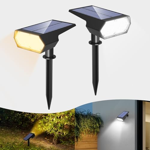 Solar Spot Lights Outdoor Garden, 2 Color Temperatures Adjustable Landscape Spotlights, 4 Modes IP65 Waterproof, Dusk-to-Dawn Auto ON/Off Outdoor Solar Wall Lights for Pathway Driveway Pool, 2 Pack