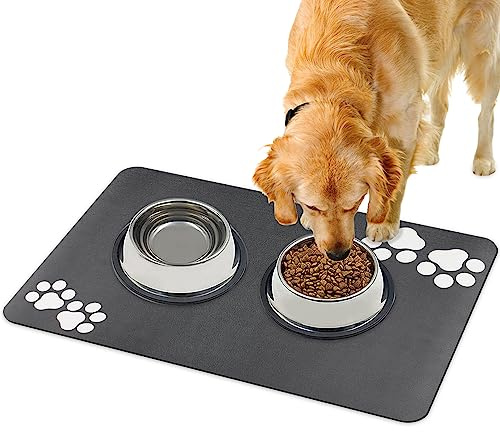 Lurowo Tapis de Gamelle Rapidement Séchable et Super Absorbant pour Chien et Chat (Motif de Deux Paires de Pattes - Gris Foncé)