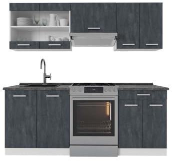 Vicco Küchenzeile R-Line, Schwarz Beton/Weiß, 200 cm | 5 Module · Höhenverstellbare Füße · AP Anthrazit inkl. · Robuste Fronten · Mit Glasschrank · Frei kombinierbar