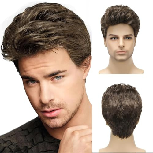 Herren Perücke Braun Kurz Haare Layered Synthetische volle Perücke Für Tägliche Party Cosplay