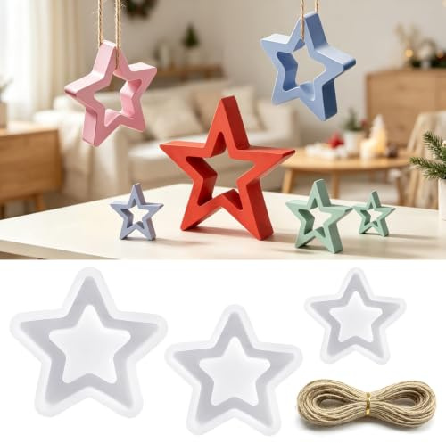 TZEKING 3 Stück Silikonformen Gießformen Weihnachten Stern,Kerzen Silikonformen Weihnachten mit 20m Lanyard,Sterne Silikonform Weihnachten,Silikonform Weihnachten Kerzen,für DIY Duftkerze