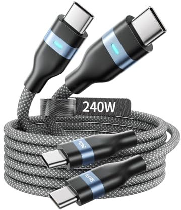 SOOPII Cable USB C a USB C de 240 W, [2m 2 piezas] Cable de carga rápida tipo C, cable de carga USB C compatible con iPhone 16/16 Pro Max/15/15 Pro Max, MacBook Pro Air,Samsung Galaxy S24, gris