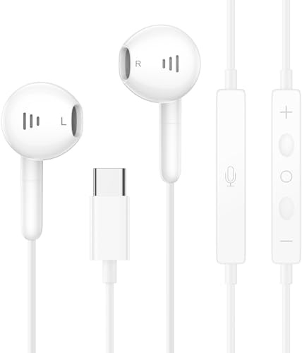 USB-C Headphones Wired In-Ear Earphones with Mic&Volume Control,Hi-Fi Stereo Noise-Reducing Type-C Earbuds for iPhone 16/15/15 Pro/Pro Max,i-Pad Pro,S-amsung Galaxy S24/S23/S22/S21/Ultra,Pixel 7-White