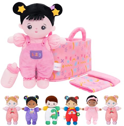 OUOZZZ Baby Soft Doll with Carrying Case and Accessories, Pink, 25cm, Soft Cloth Black Hair, Cuddly for Children from 3 Months - Baby Gift for Boys and Girls